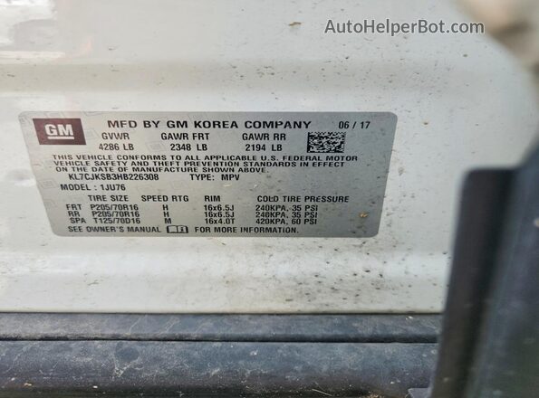 KL7CJKSB3HB226308 2017 CHEVROLET TRAX White Вид наклейки з VIN-кодом