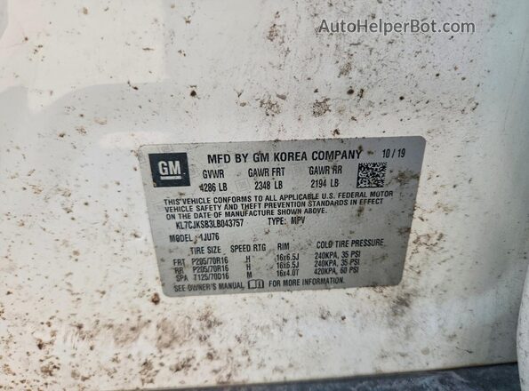 KL7CJKSB3LB043757 2020 CHEVROLET TRAX White VIN კოდის სტიკერის ხედი