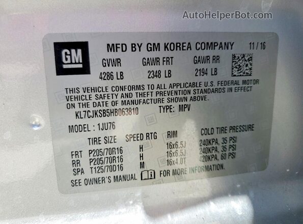 KL7CJKSB5HB063810 2017 CHEVROLET TRAX Silver VIN կոդի պիտակի տեսք