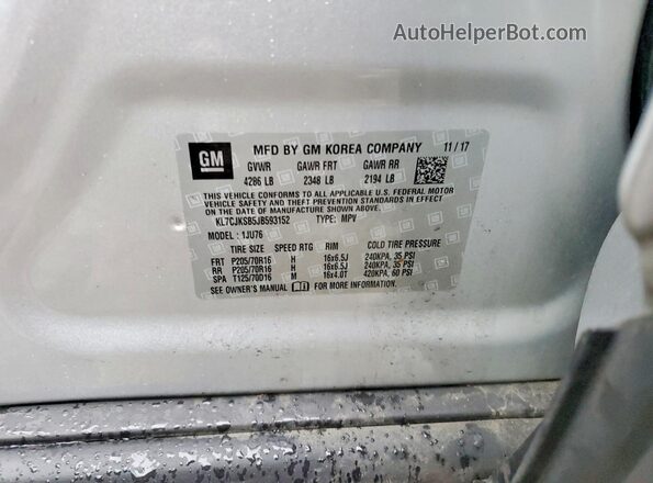 KL7CJKSB5JB593152 2018 CHEVROLET TRAX Silver Вид наклейки з VIN-кодом