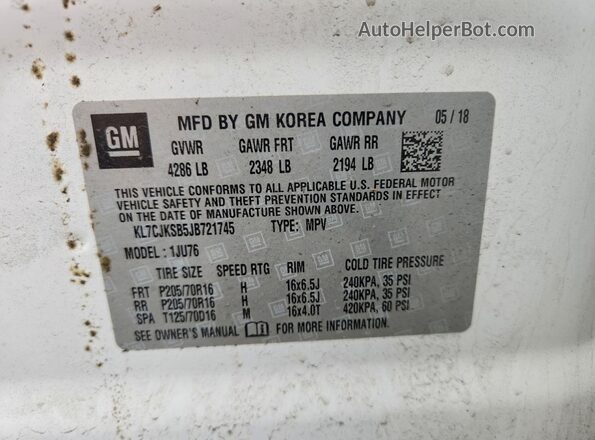 KL7CJKSB5JB721745 2018 CHEVROLET TRAX White VIN կոդի պիտակի տեսք