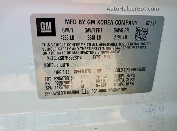 KL7CJKSB7HB252314 2017 CHEVROLET TRAX White Widok wnętrza 360 stopni