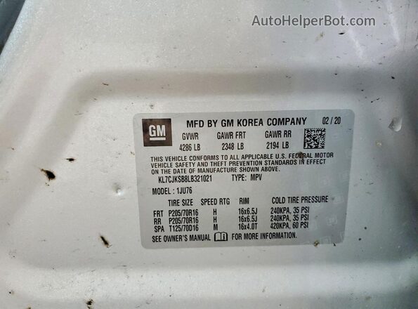 KL7CJKSB8LB321021 2020 CHEVROLET TRAX Silver Widok wnętrza 360 stopni
