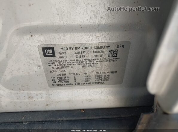KL7CJKSB9LB035145 2020 CHEVROLET TRAX Silver Vista del compartimento del motor