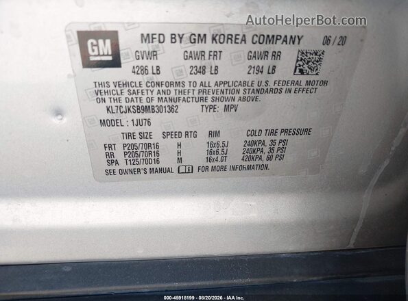 KL7CJKSB9MB301362 2021 CHEVROLET TRAX Silver Շարժիչի բաժամունքի տեսք