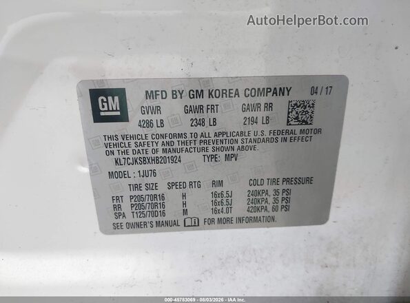 KL7CJKSBXHB201924 2017 CHEVROLET TRAX White Widok komory silnika