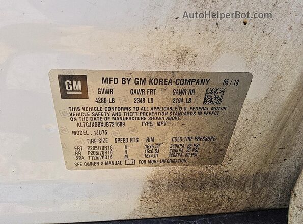 KL7CJKSBXJB721689 2018 CHEVROLET TRAX White Вид підкапотного простору