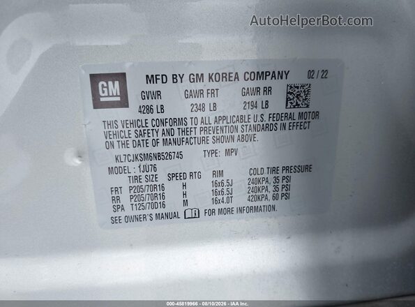 KL7CJKSM6NB526745 2022 CHEVROLET TRAX Silver Vista del compartimento del motor