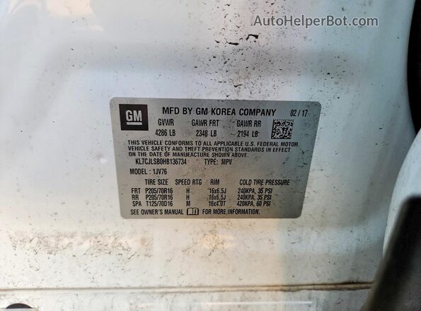 KL7CJLSB0HB136734 2017 CHEVROLET TRAX White Vista interior de 360 grados