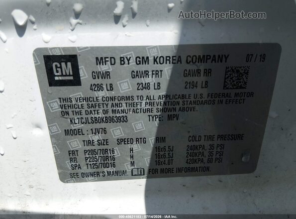 KL7CJLSB0KB963933 2019 CHEVROLET TRAX Белый Вид подкапотного пространства