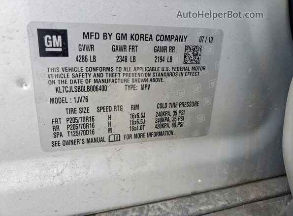KL7CJLSB0LB006400 2020 CHEVROLET TRAX Silver VIN կոդի պիտակի տեսք