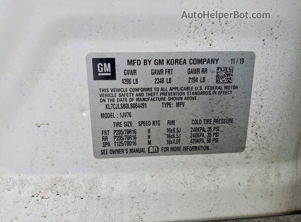 KL7CJLSB0LB064491 2020 CHEVROLET TRAX White VIN կոդի պիտակի տեսք