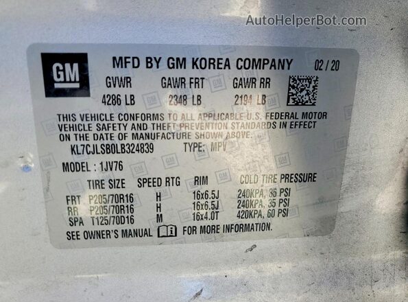 KL7CJLSB0LB324839 2020 CHEVROLET TRAX Silver VIN կոդի պիտակի տեսք