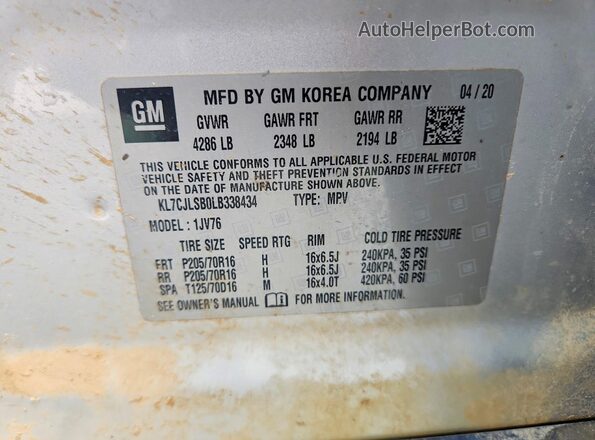KL7CJLSB0LB338434 2020 CHEVROLET TRAX Silver VIN კოდის სტიკერის ხედი