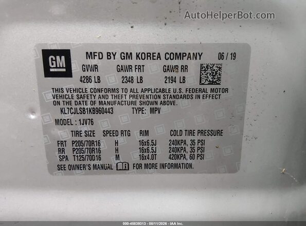 KL7CJLSB1KB960443 2019 CHEVROLET TRAX Silver ძრავის განყოფილების ხედი