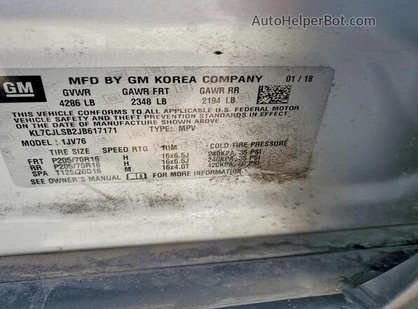 KL7CJLSB2JB617171 2018 CHEVROLET TRAX Серебряный Вид наклейки с VIN-кодом