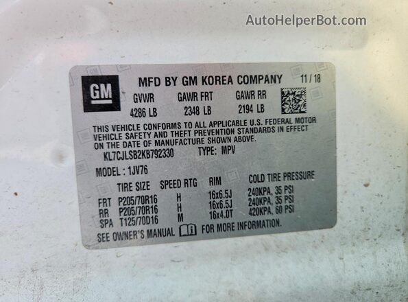 KL7CJLSB2KB792330 2019 CHEVROLET TRAX White VIN կոդի պիտակի տեսք