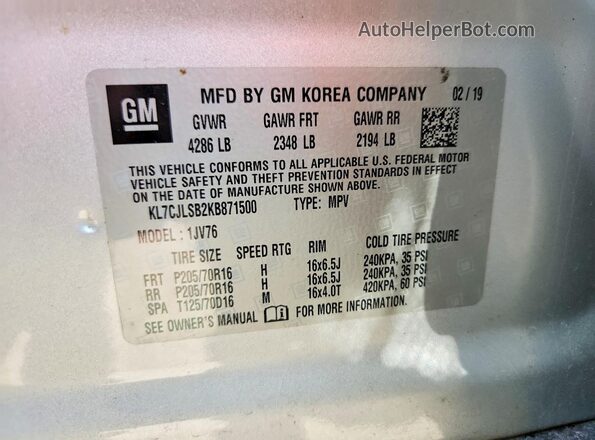 KL7CJLSB2KB871500 2019 CHEVROLET TRAX Серебряный Вид подкапотного пространства