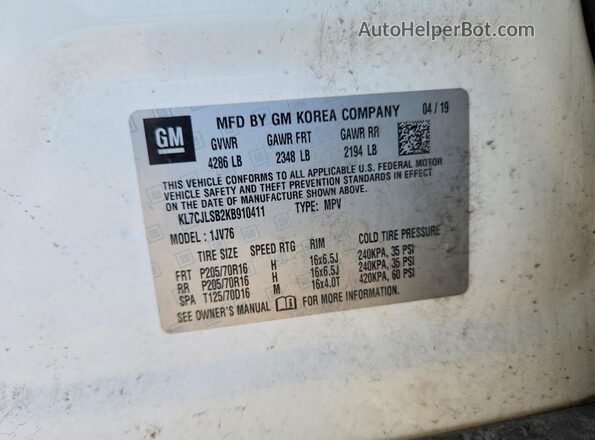 KL7CJLSB2KB910411 2019 CHEVROLET TRAX White VIN sticker view