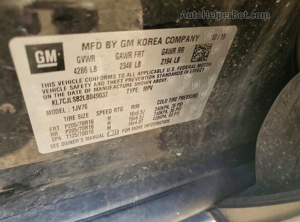 KL7CJLSB2LB049037 2020 CHEVROLET TRAX Черный Вид подкапотного пространства
