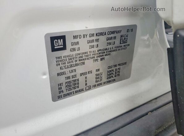 KL7CJLSB3JB641298 2018 CHEVROLET TRAX White Vista de la etiqueta del VIN