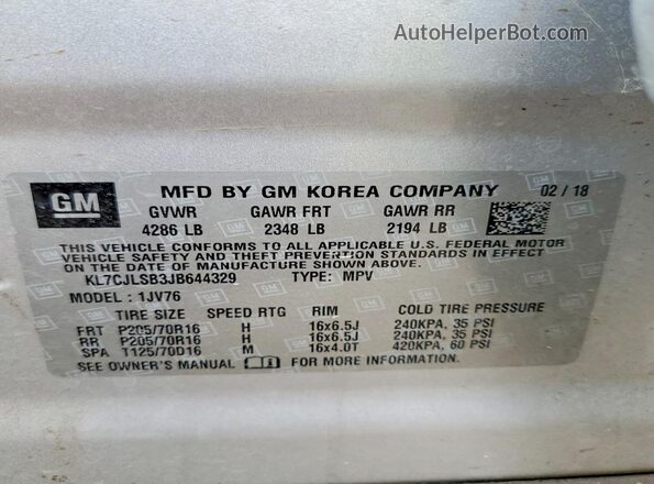 KL7CJLSB3JB644329 2018 CHEVROLET TRAX Серебряный Вид наклейки с VIN-кодом