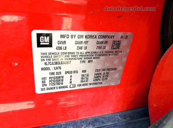 KL7CJLSB3LB342817 2020 CHEVROLET TRAX Красный Вид наклейки с VIN-кодом