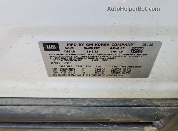 KL7CJLSB3MB304988 2021 CHEVROLET TRAX White VIN sticker view
