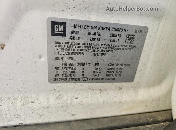 KL7CJLSB3MB353074 2021 CHEVROLET TRAX Белый Панорамный вид салона 360°