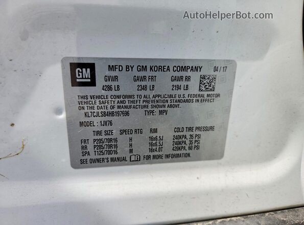 KL7CJLSB4HB197696 2017 CHEVROLET TRAX White VIN sticker view