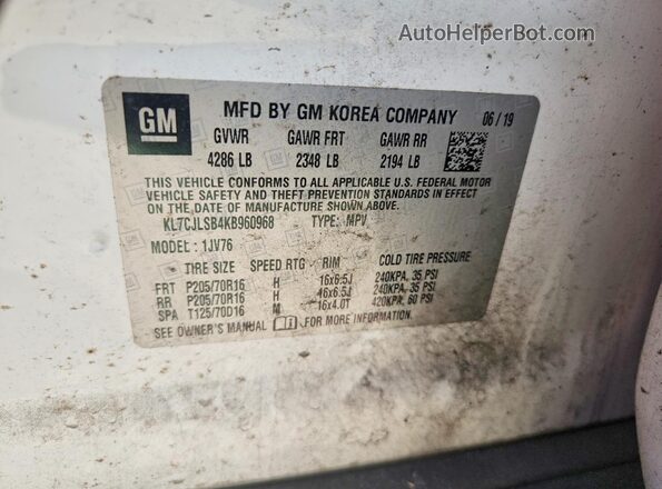 KL7CJLSB4KB960968 2019 CHEVROLET TRAX White Սալոնի 360 աստիճան տեսք