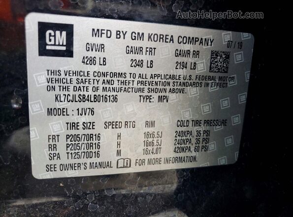 KL7CJLSB4LB016136 2020 CHEVROLET TRAX Black VIN კოდის სტიკერის ხედი
