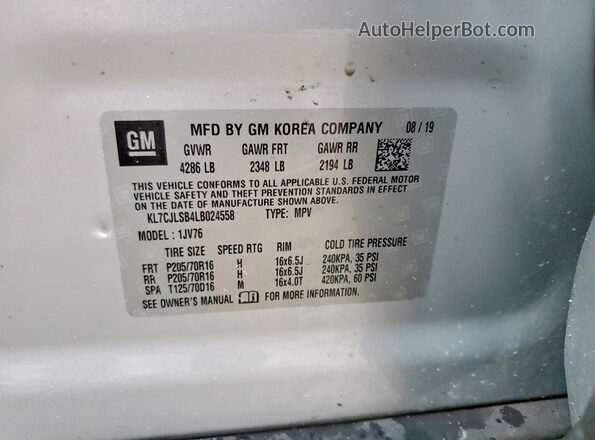 KL7CJLSB4LB024558 2020 CHEVROLET TRAX Серебряный Вид наклейки с VIN-кодом