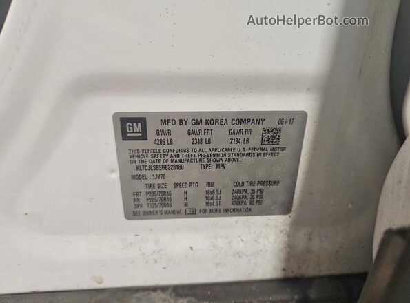 KL7CJLSB5HB228180 2017 CHEVROLET TRAX White Vista de la etiqueta del VIN