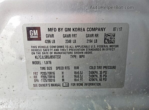 KL7CJLSB5JB507232 2018 CHEVROLET TRAX Silver Vista de la etiqueta del VIN