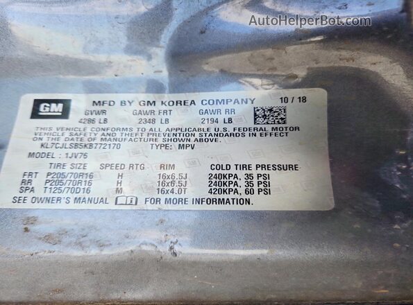 KL7CJLSB5KB772170 2019 CHEVROLET TRAX Gray Vista de la etiqueta del VIN