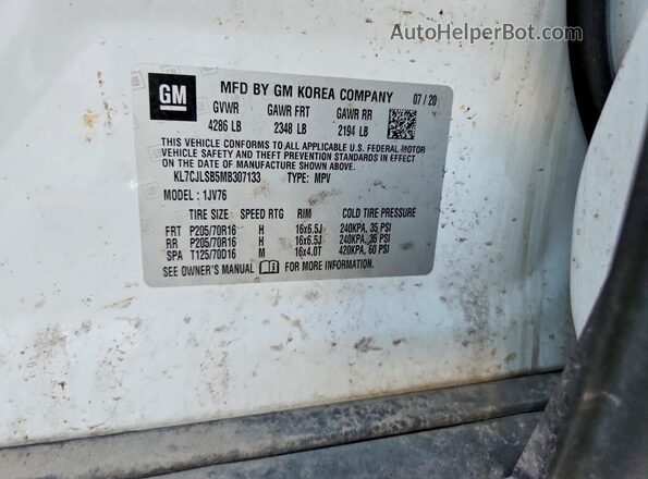 KL7CJLSB5MB307133 2021 CHEVROLET TRAX White Widok wnętrza 360 stopni