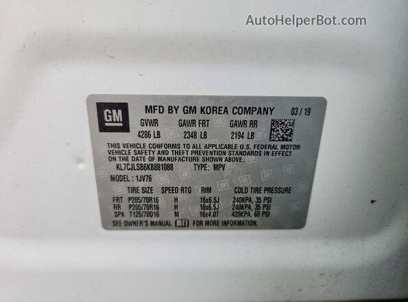 KL7CJLSB6KB881088 2019 CHEVROLET TRAX White Вид наклейки з VIN-кодом