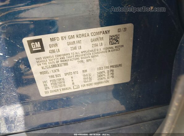 KL7CJLSB6LB327986 2020 CHEVROLET TRAX Blue Widok komory silnika