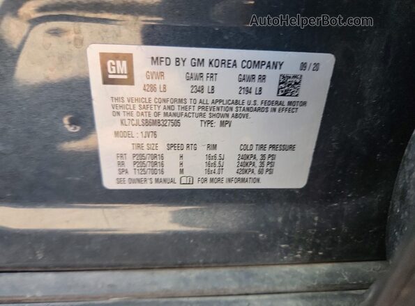 KL7CJLSB6MB327505 2021 CHEVROLET TRAX Blue Вид наклейки з VIN-кодом