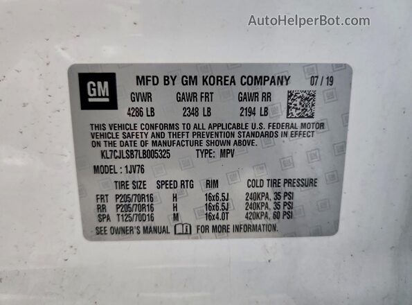 KL7CJLSB7LB005325 2020 CHEVROLET TRAX White Widok naklejki z numerem VIN