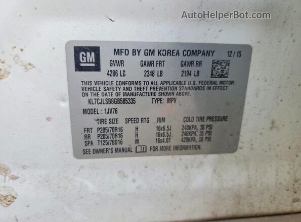 KL7CJLSB8GB585335 2016 CHEVROLET TRAX White Vista del compartimento del motor