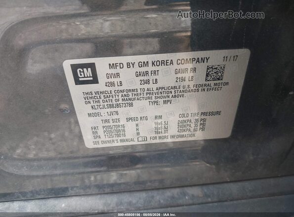 KL7CJLSB8JB573788 2018 CHEVROLET TRAX Серый Вид подкапотного пространства
