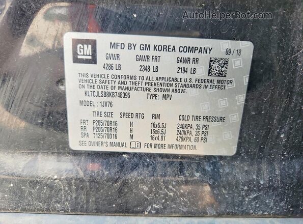 KL7CJLSB8KB748395 2019 CHEVROLET TRAX Черный Вид наклейки с VIN-кодом