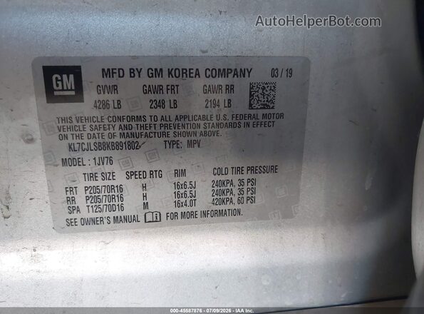 KL7CJLSB8KB891802 2019 CHEVROLET TRAX Серый Вид подкапотного пространства