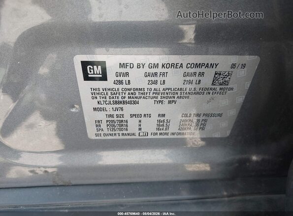 KL7CJLSB8KB940304 2019 CHEVROLET TRAX Black Widok komory silnika
