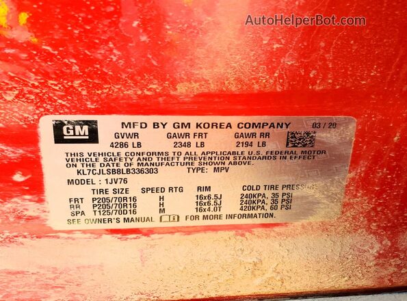 KL7CJLSB8LB336303 2020 CHEVROLET TRAX Red Շարժիչի բաժամունքի տեսք