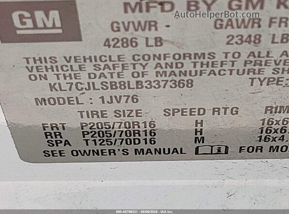 KL7CJLSB8LB337368 2020 CHEVROLET TRAX White ძრავის განყოფილების ხედი