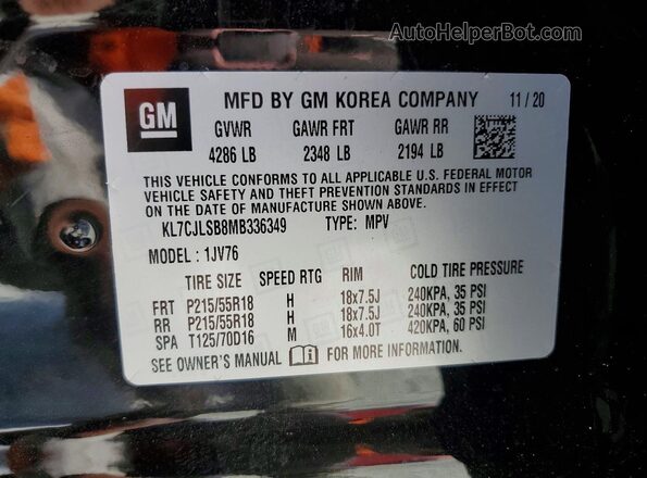 KL7CJLSB8MB336349 2021 CHEVROLET TRAX Black ძრავის განყოფილების ხედი