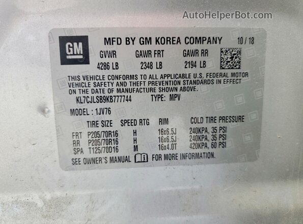 KL7CJLSB9KB777744 2019 CHEVROLET TRAX Silver VIN կոդի պիտակի տեսք